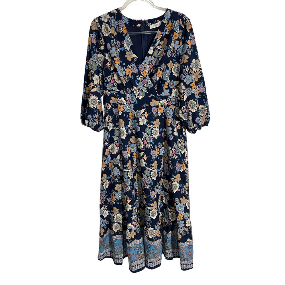 Avara Navy Blue Colorful Floral Print 3/4 Sleeve Midi Dress Ruffle Hem Large